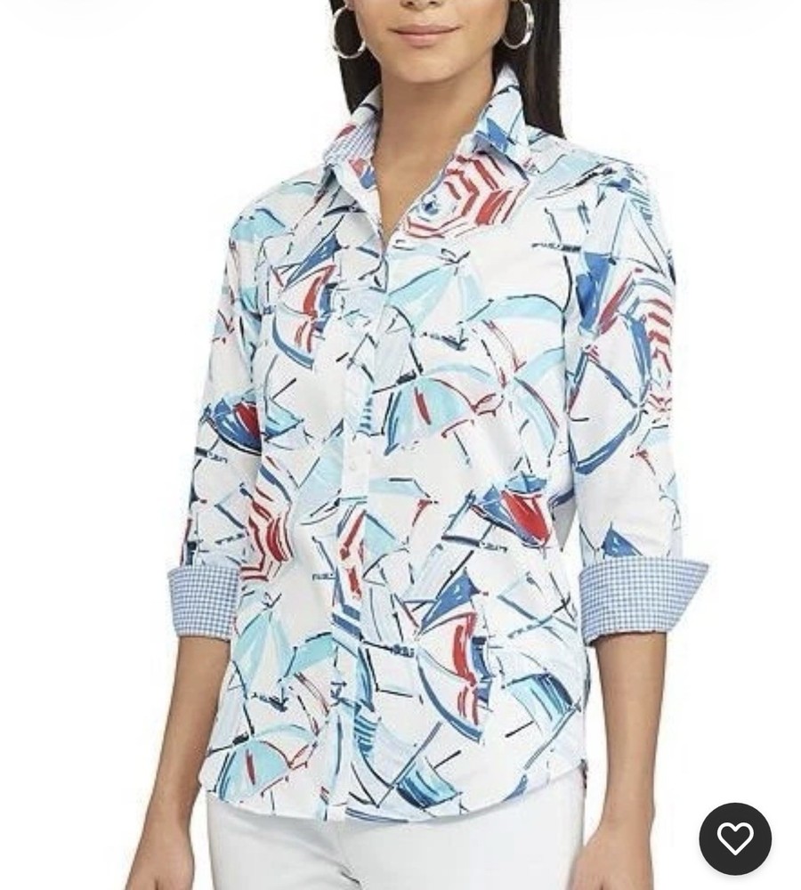 Chaps No-Iron Womens Top XL White Beach Umbrella Button Shirt Blouse Nautical