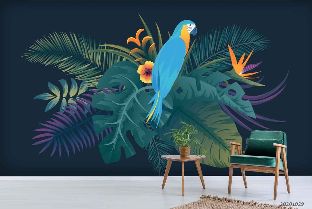 3D Parrot Leaves Illustration Wall Murals Wallpaper Murals Wall Sticker 2