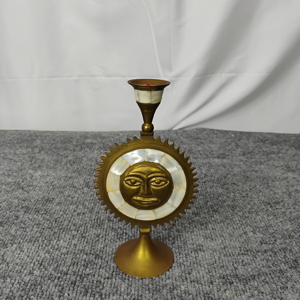 Handmade Vintage Mother Of Pearl Brass Candlestick Holder Unique!