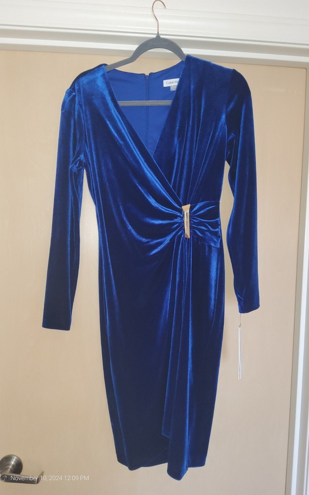 Calvin Klein Elegant Velvet Royal Blue Faux Wrap Easy Fit Sheath Dress size 6