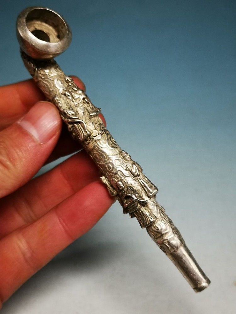 Vintage Silver Copper Eight Immortals Tobacco Pouch Pipe Cherry Blossoms W190