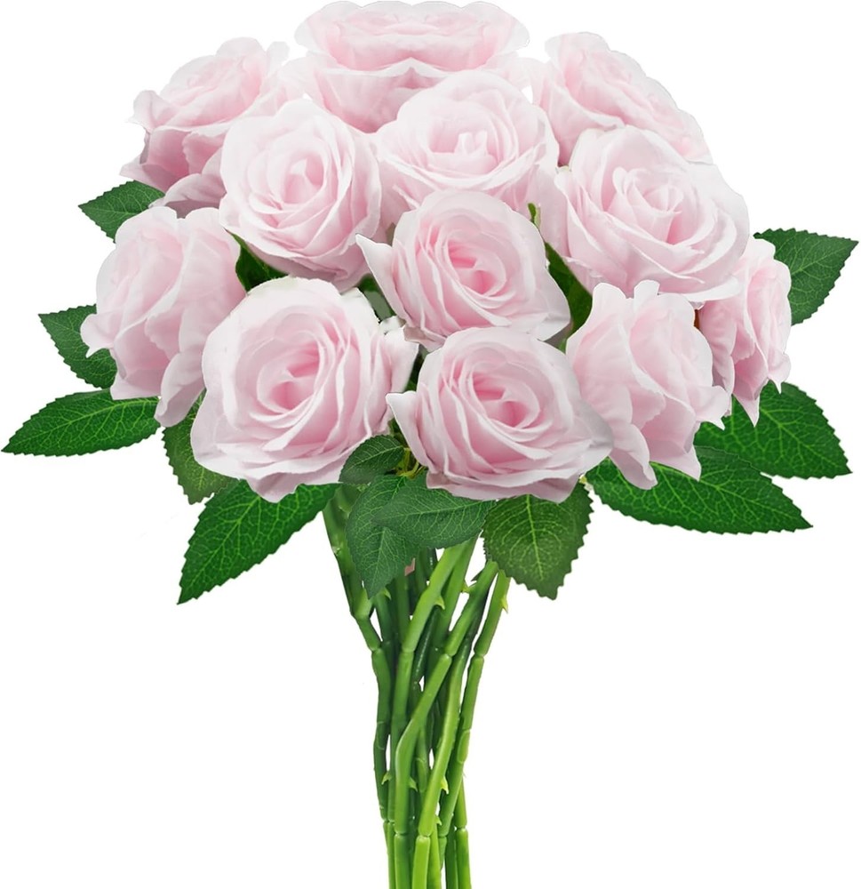 Pink Artificial Roses with Long Stems, 12Pcs Realistic Roses Artificial Flowers,
