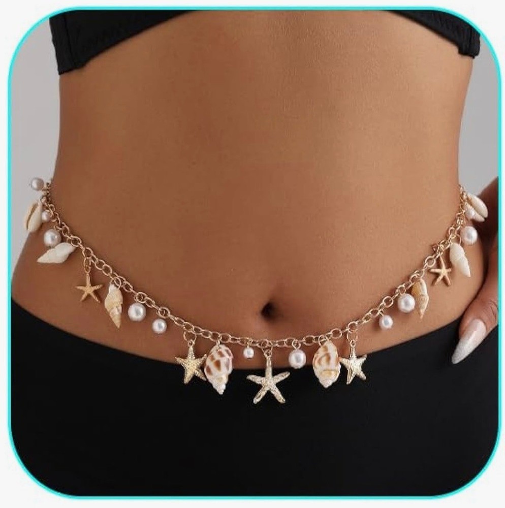 Gold Seashell & Starfish Chain Waist Jewelry With Pearls Boho Beach Style