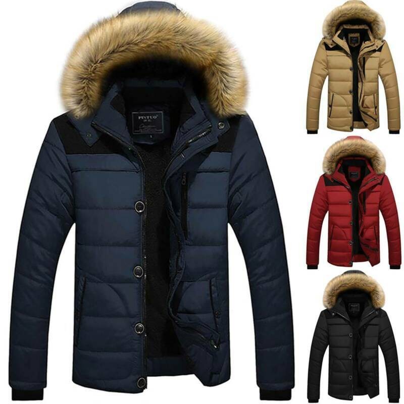 Men's Parka Quilted Jacket Fur Hooded Winter Warm Lined Parker Padded Coats New