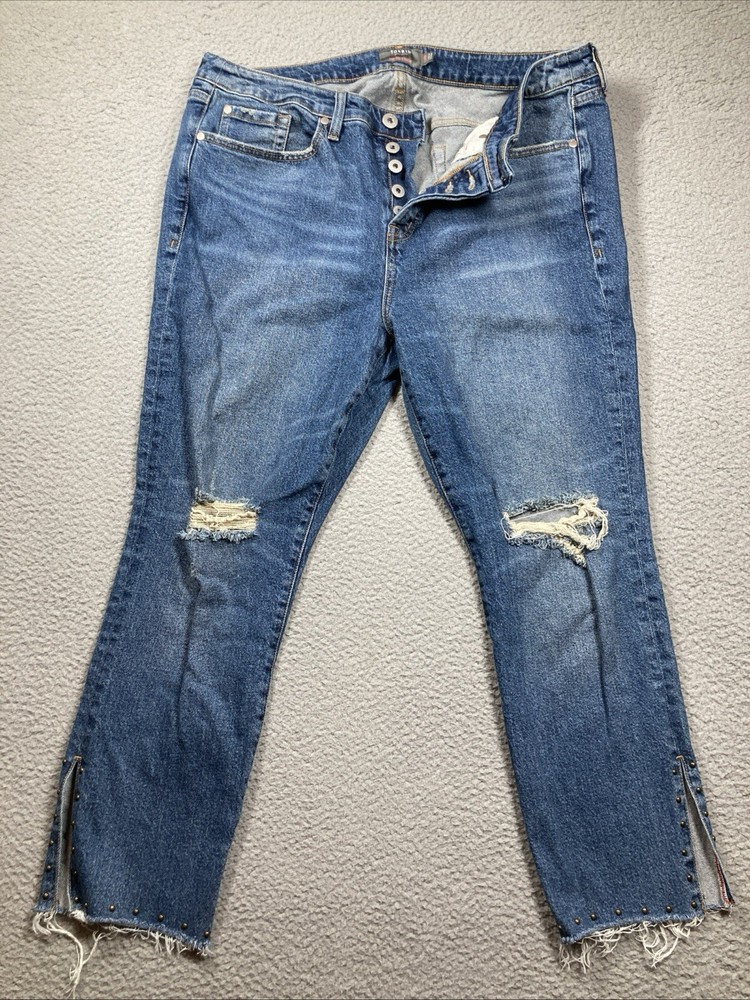 Torrid Womens 14R Blue Distressed High Rise Straight Jeans with Button Fly and Studs