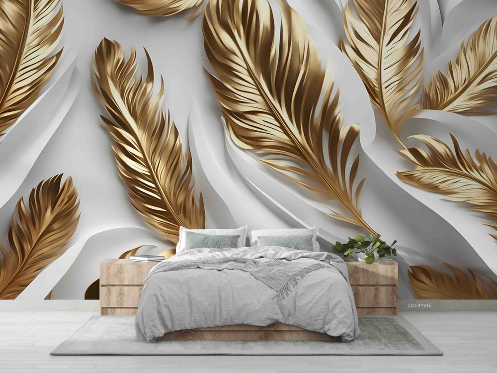 3D Gold Feathers Decoration Wall Murals Wallpaper Murals Wall Sticker