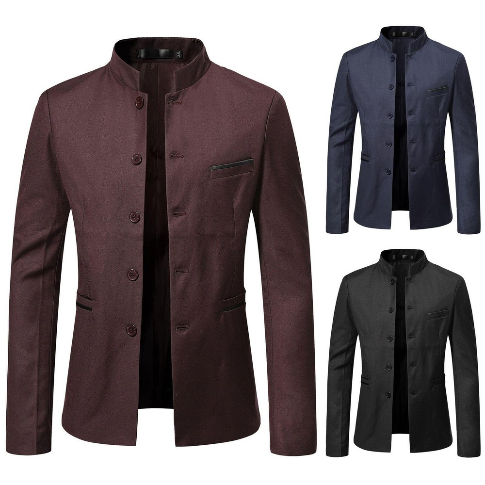 Men Slim Fit Stand Collar Suit Jacket in Solid Colors 4XL
