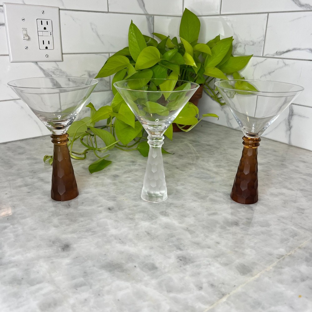 SET OF (3) ARTLAND PRESCOTT  TALL MARTINI GLASSES FROSTED HONEYCOMB STEM