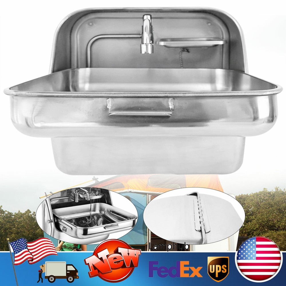 Rv Camper Caravan Folding Sink Stainless Steel Trailer Hand Wash Basin W/Faucet