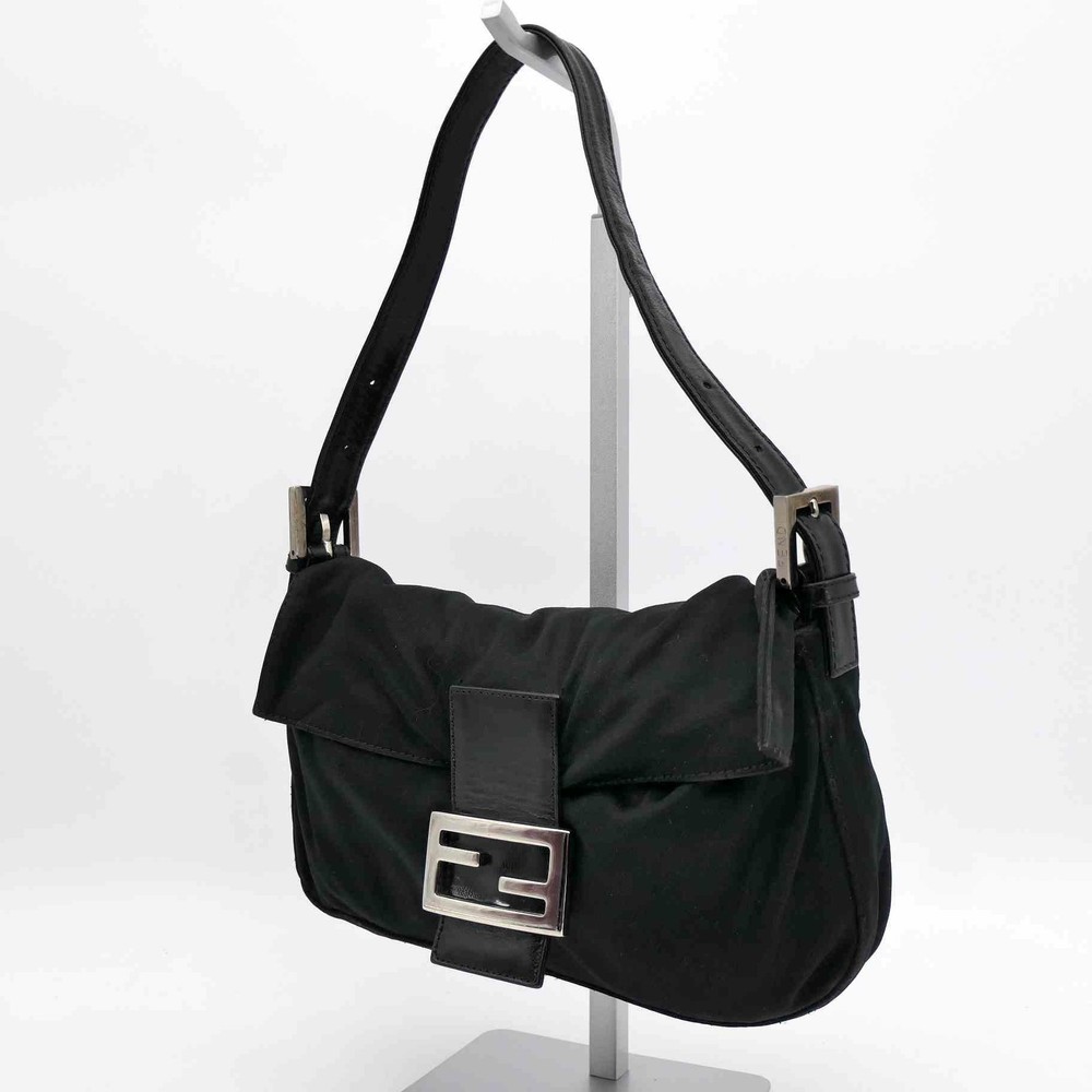 FENDI Mamma Baguette Shoulder bag FF Logo Handbag Black Cotton Leather Auth 672