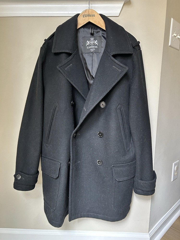 Express Wool Officer’s Coat Men’s Medium Black Overcoat Peacoat Jacket