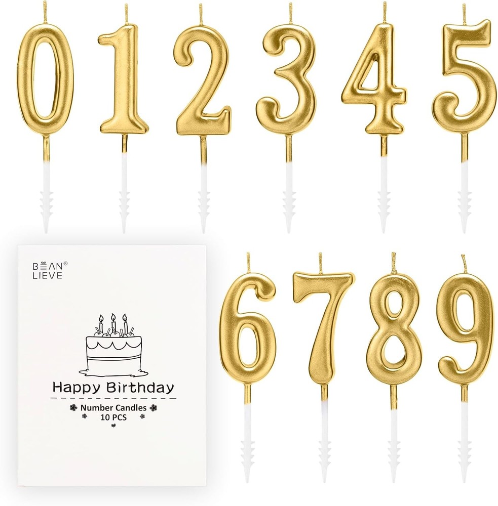 Beanlieve 10-Pieces Numeral Birthday Candles - Cake Numeric Champagne gold