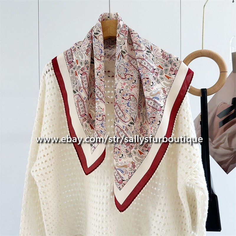 Sallys 100% Crepe De Chine Silk Paisley Print Lace Rolled Collar Neck Scarf 68cm