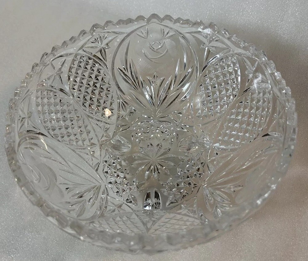 ABP American Brilliance Cut Crystal 3 Footed Bowl with Line Cut Roses 5x8.5in Antique Design