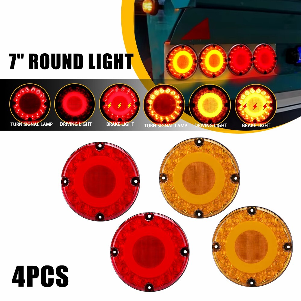 4x 7 Inch Round Red Amber LED Tail Lights for Trucks Buses Trailers DRL Turn Signal Stop Lights