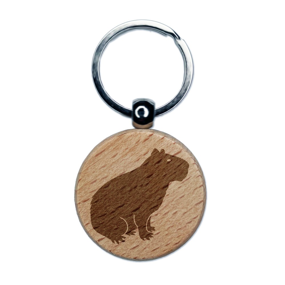 Capybara Rodent Silhouette Engraved Wood Round Keychain Tag Charm