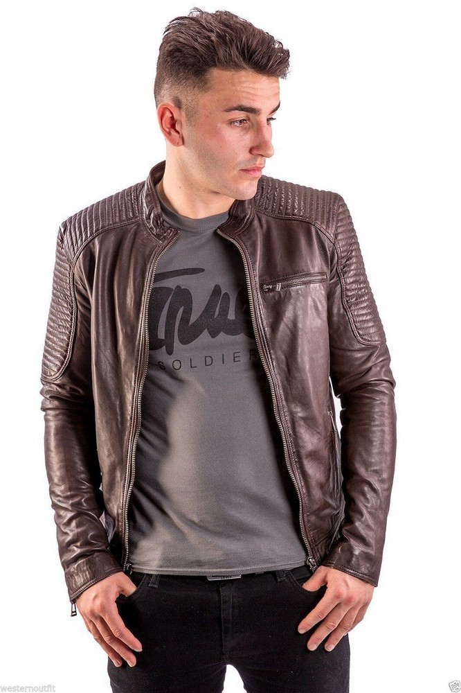 Lambskin Brown Biker Leather Men's Party Wear Leather Long Sleeves Jacket