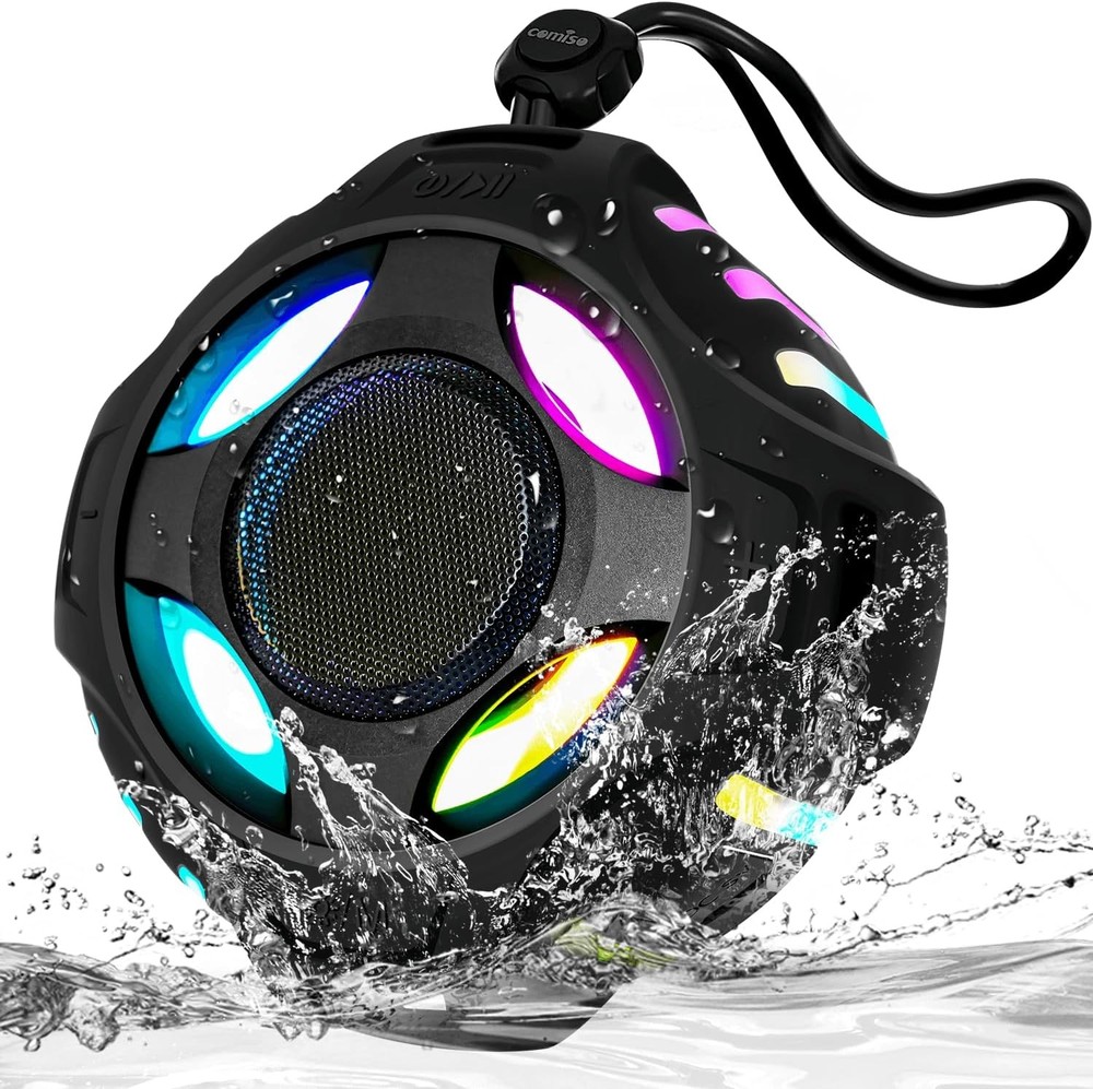 Comiso Waterproof Speaker with Powerful Bass and Dynamic LED Lights for Shower & Outdoor Use