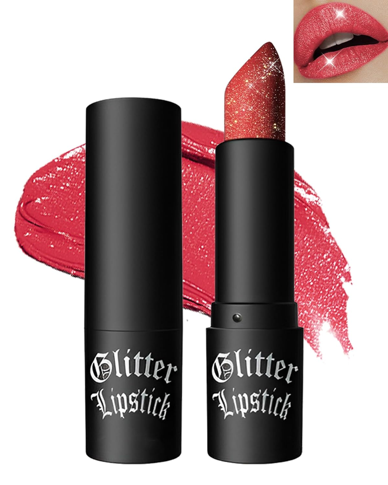Diamond Glitter Matte Lipstick with Ruby Red Metallic Shimmer Lip Tint Stain