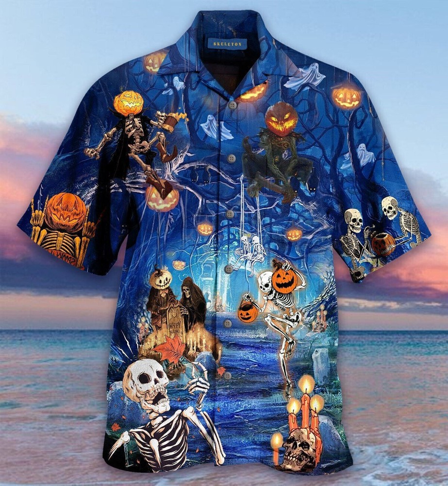 Halloween Hawaiian Shirt Pumpkin Skull 3D Hawaiian Shirt Short Sleeve Size S 5XL