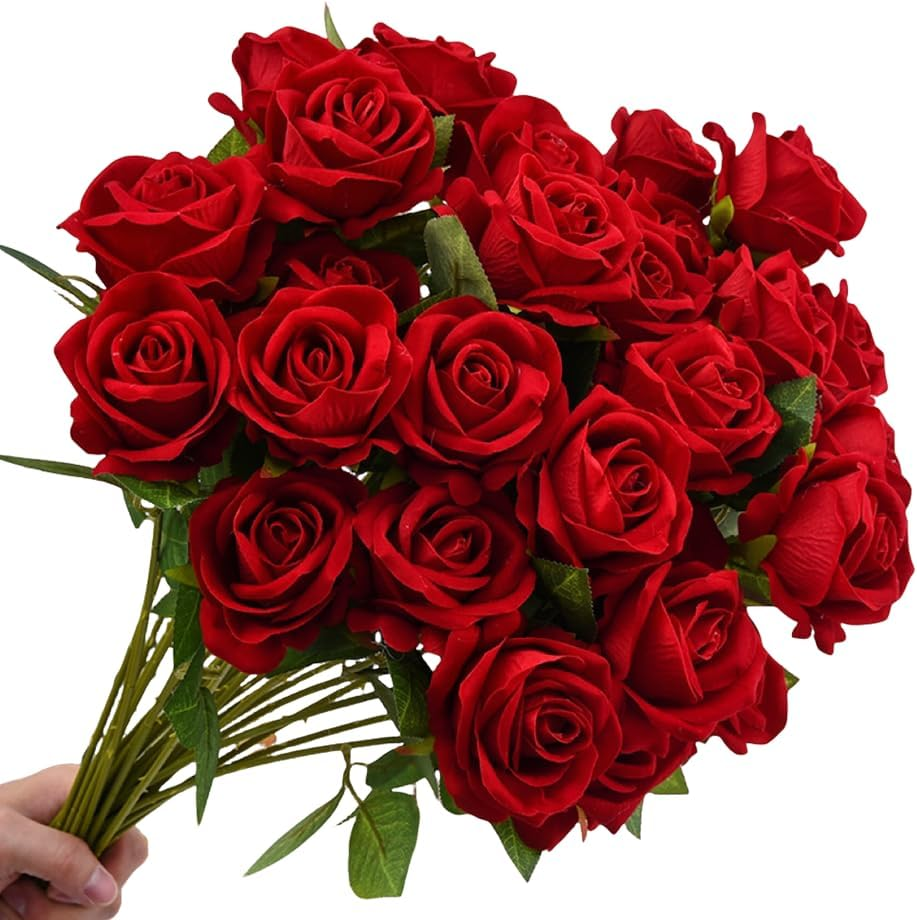 15 Realistic Red Silk Rose Stems for Valentine's Day Home Decor