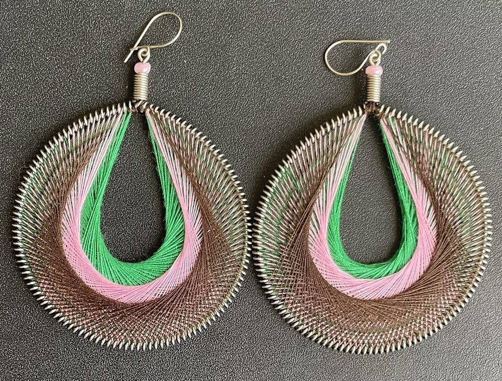 Large Boho Peruvian Silk Thread Round Earrings in Green Brown Pink 3.5