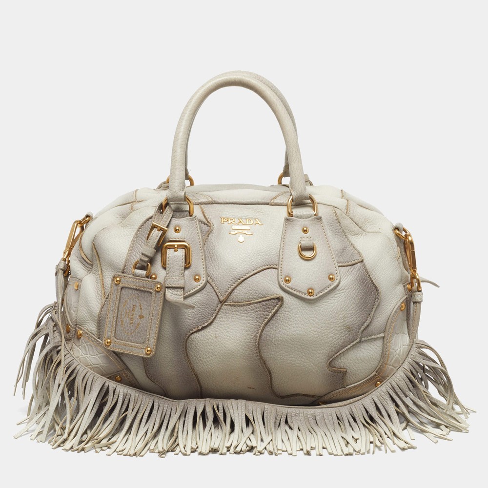 Prada White Ombre Deerskin Leather Croc and Lizard Patchwork Bowler Bag