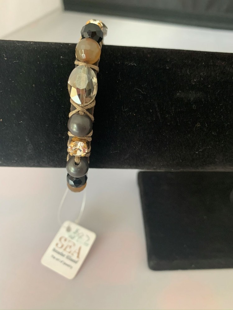 Israeli designer Smadar Eliasaf leather bracelet with crystals and gold plating