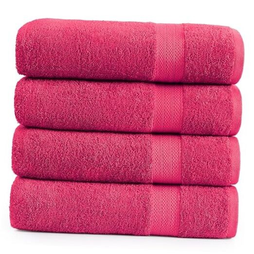 100% Cotton Large 4-Piece Bath Towel Set in Fuchsia