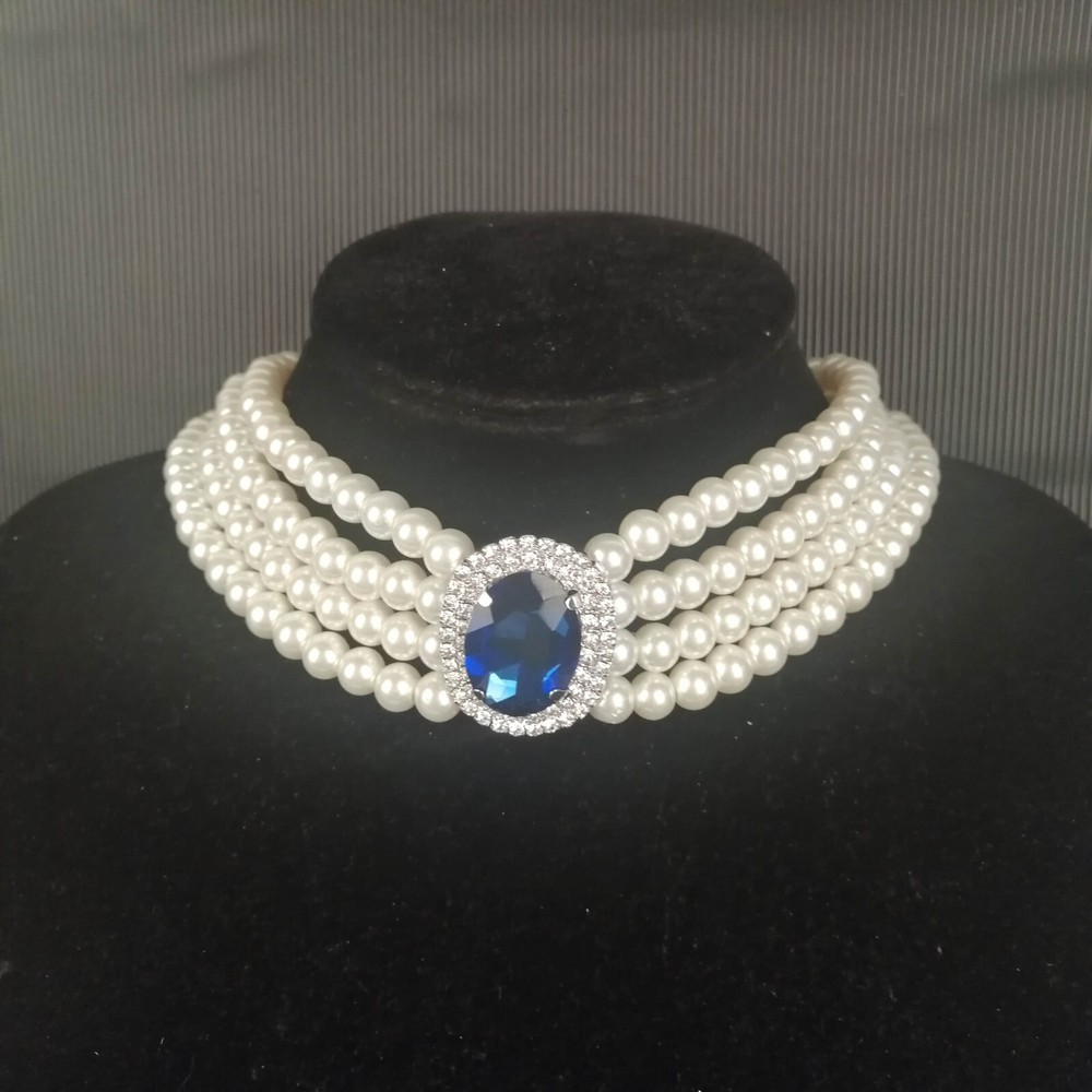Princess Diana Choker Necklace 4 Strands Simulated Pearl Faux Diamond Sapphire