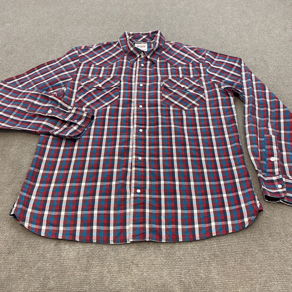 Levis Western Shirt Mens Large Plaid Long Sleeve Pearl Snaps Cowboy Modern Logo
