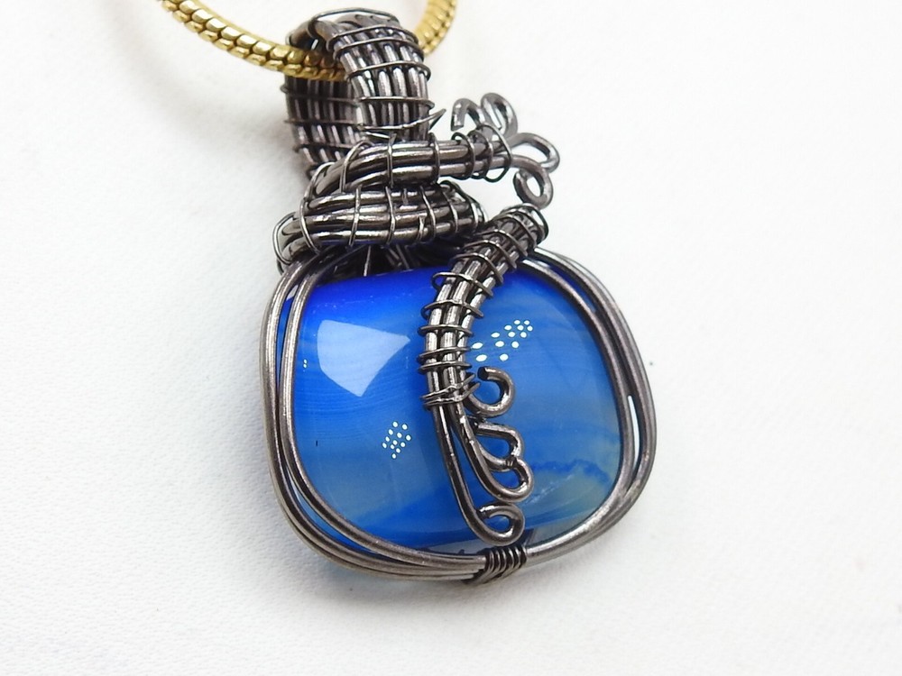 Blue Strip Agate Brass Pendant Silver Oxidised Polished Wire Wrapped Jewelry