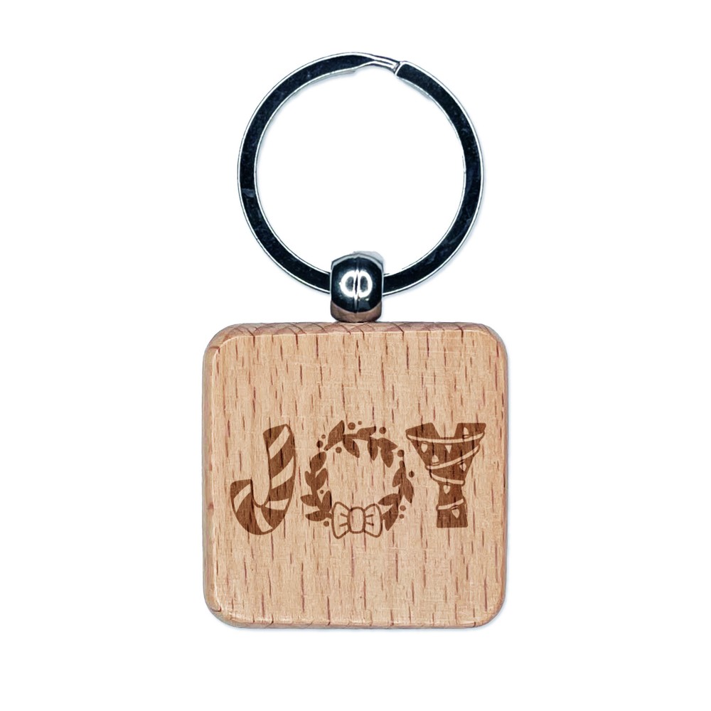 Joy Candy Cane Wreath Engraved Wood Keychain Christmas Charm  