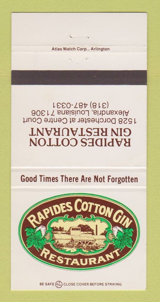 Vintage Rapides Cotton Gin Restaurant Matchbook Cover Alexandria LA 30 Strike