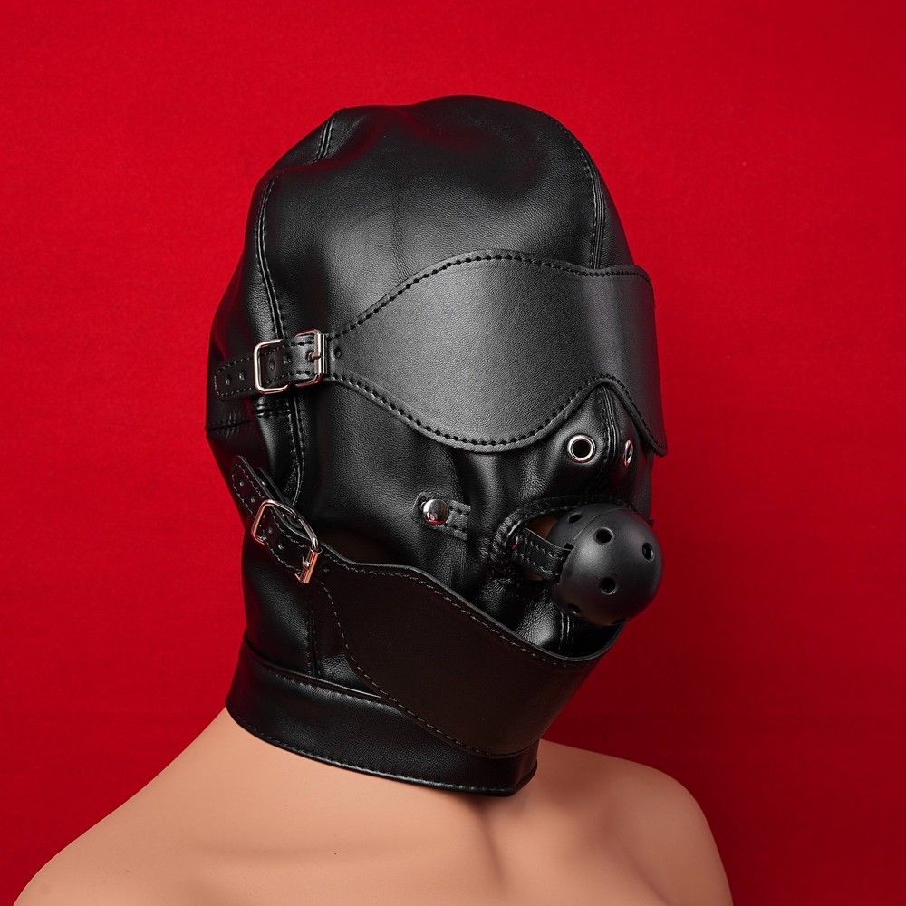 Head Harness Hood Mask Blindfold Open Mouth Gag SM Bondage Sensory Deprivation