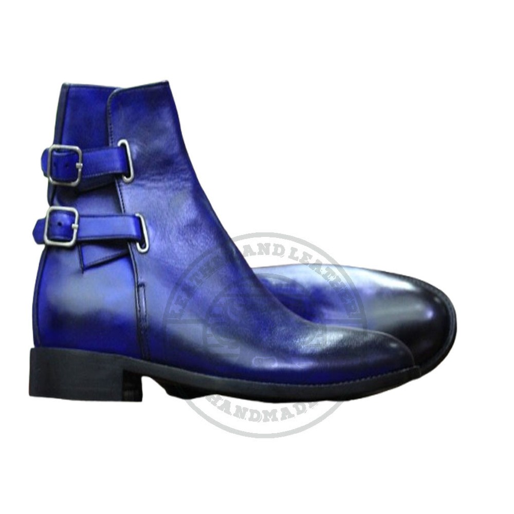 Blue Double Buckle Genuine Leather Men's Stylish Ankle Luxury Handmade Boot