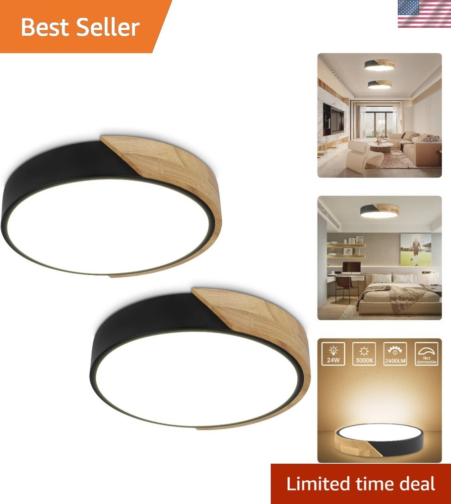 12 Inch 24W Bedroom Light Fixture with Round Wood Modern Black Flat Overhead ...