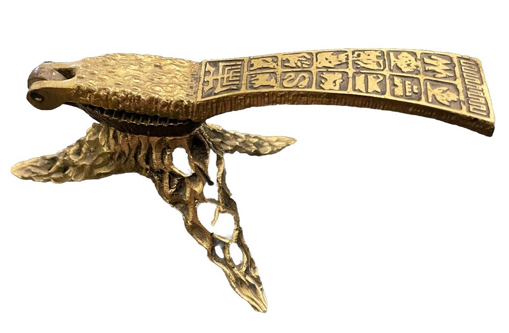 Vintage MCM Ornate Solid Brass Oppenheim Israel Footed Nut Cracker Hieroglyphic