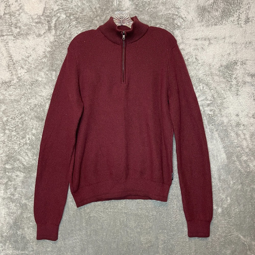 Ben Sherman Men Classic Waffle Knit !/4 Zip Mock Neck Pullover Sweater M Maroon