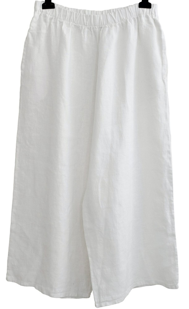 PANTALONES DE INUNDACIÓN BRYN WALKER Blanco Lino Bolsillo Recortado Pierna Ancha Talla M Mediana Puede ajustarse a L