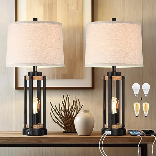 Farmhouse Table Lamps for Living Room Set of 2, 26” Rustic Beside Black+Brown