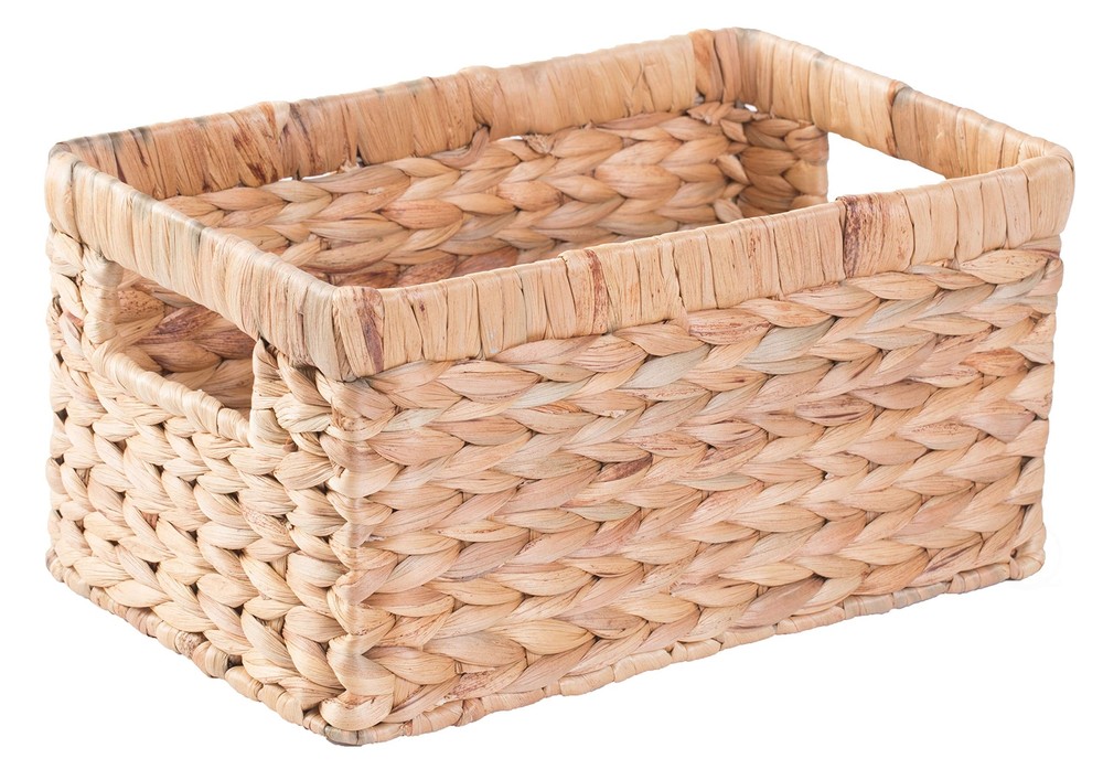 Natural Woven Water Hyacinth Wicker Rectangular Storage Bin Basket with Handl...
