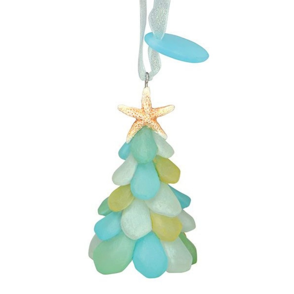 Resin Sea Glass Christmas Tree with Starfish Topper Ornament, Nautical Theme,...