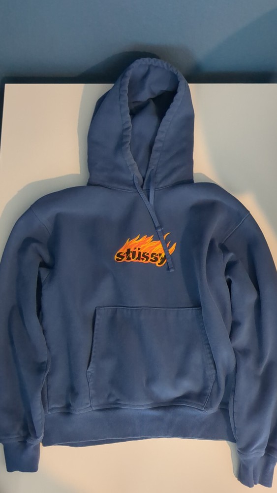 Stussy Burning Flame Logo Hoodie Pullover Sweatshirt Sky Blue, Sz L