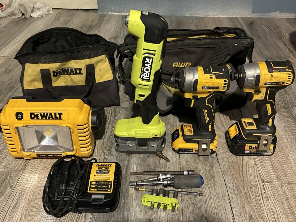 2 DeWalt Impact Drivers with Batteries and Ryobi Multi Tool with 18V Battery