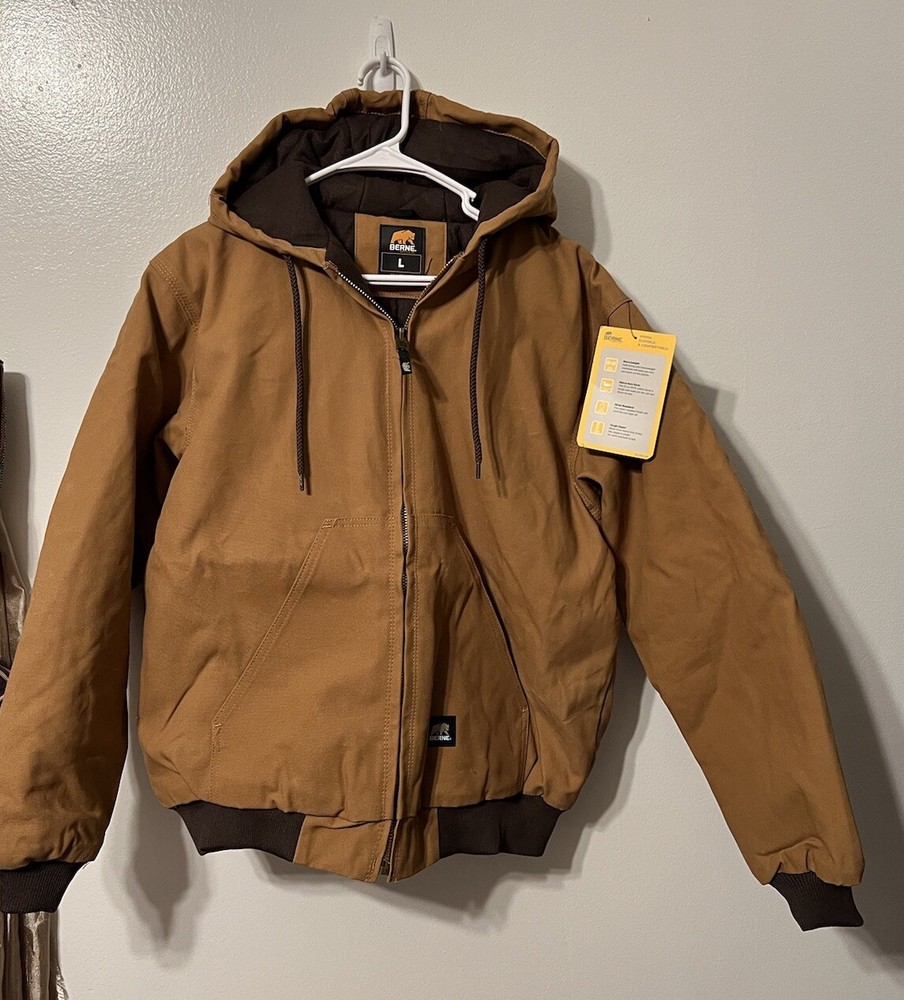 Berne Canvas Workwear Duck Jacket Large 44 46  Barn Chore Coat Fleece Lined Hood
