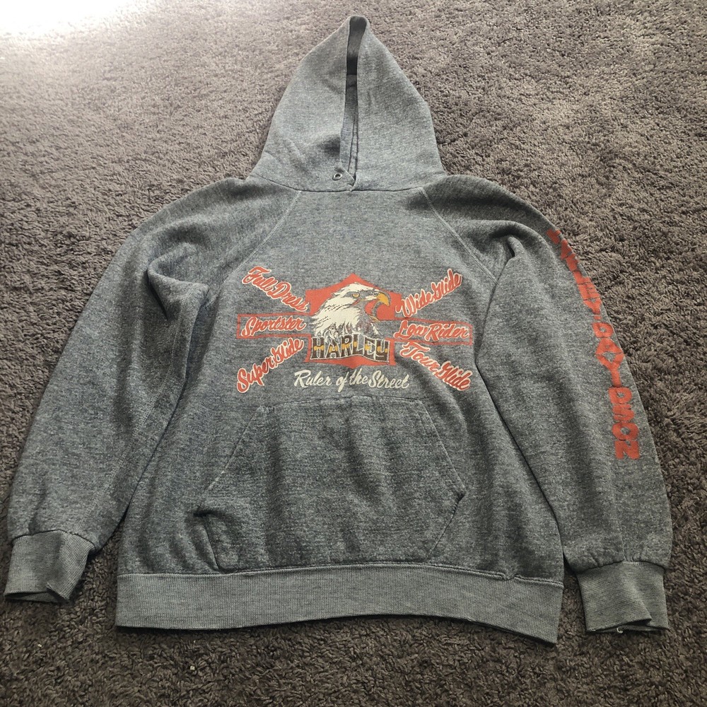 Vintage 70s 80s Harley Davidson Eagle Raglan Hoodie Size Small Grey Tilley Inc.
