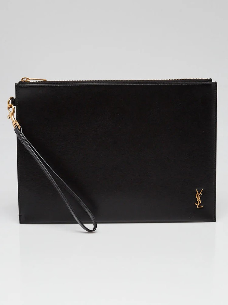 Yves Saint Laurent Black Leather Cassandre Document Holder Wristlet Bag