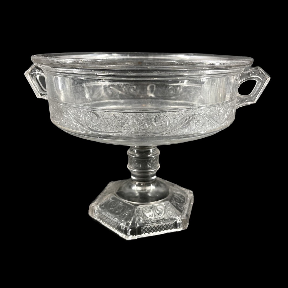 Vintage Large Pedestal Compote with Embossed Scrollwork and Two Handles 8 Inch Centerpiece