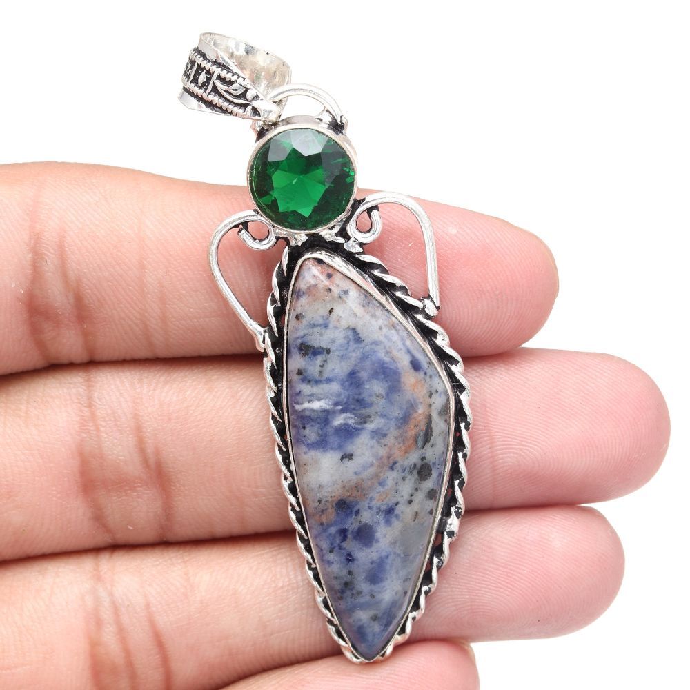 Sodalite Gemstone Pendant Handmade Silver Jewelry for Mother's Day 2.75 Inch